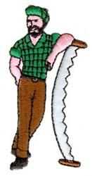Playful lumberjack character in a green hat and plaid shirt, leaning on a saw, perfect for machine embroidery.