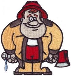 Cartoon lumberjack character with a red hat, yellow jacket, and axe, featuring a vibrant and playful design.