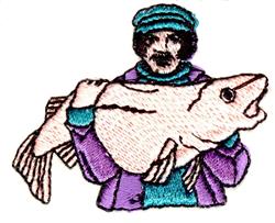 Playful applique design of a man in a blue cap holding a large white fish with vibrant colors.
