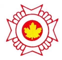 Emblem featuring a red maple leaf centered in a white circular area with decorative details for Canada Day.