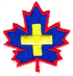Vibrant maple leaf in applique style, featuring a deep blue body, red outline, and a yellow cross.