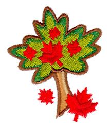 Colorful maple tree with a thick brown trunk and green leaves, adorned with red maple leaves for a playful fall theme.