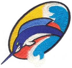 Vibrant marlin in striking pose with blue and white hues, red and yellow accents, against a bold oval backdrop.