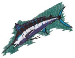 Vibrant marlin in a cartoonish style with bold blue, white, and black colors, set against a stylized ocean wave background.