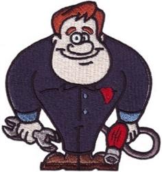 Cartoon mechanic with a wrench and torch, smiling broadly in colorful attire, ideal for playful embroidery projects.