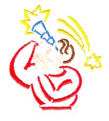 Cartoon person with a megaphone, surrounded by colorful sound waves and stars, exuding playful energy.