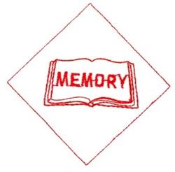 Open book outline with the word 'MEMORY' in red, set within a diamond shape; simple line art style.