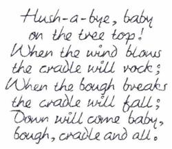 Hush-a-bye, baby, on the tree top, When the wind blows, the cradle