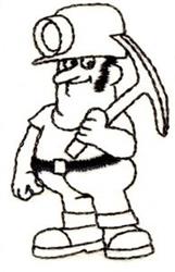 Cartoon miner character smiling with a pickaxe, wearing a helmet and sturdy boots, designed for playful embroidery.