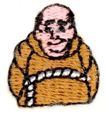 Cartoon monk in brown robe with bald head and distinct facial features, stitched playfully.