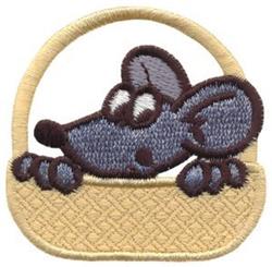 Playful gray mouse with large eyes peeking over a textured beige basket, perfect for cheerful children's accessories.