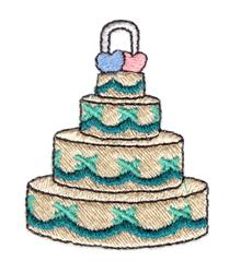 Multi-tiered wedding cake adorned with blue and pink decorative hearts, intricate green piping, whimsical and festive design.