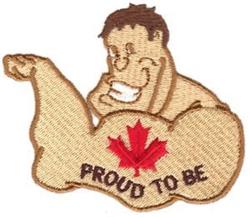 Cartoon muscle man flexing with a smile, featuring a maple leaf and 'PROUD TO BE'. Playful and vibrant.