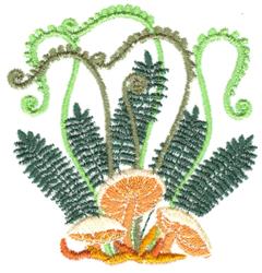 Vibrant cluster of orange mushrooms with green ferns and swirling vines in detailed applique design.