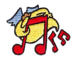 Playful yellow bird with blue wings holds a red musical note, surrounded by smaller red notes. Ideal for children's items.