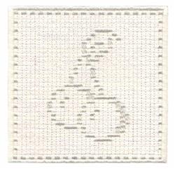 Musical note in light gray threads on a beige grid background, simple and elegant design.