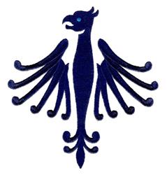 Stylized mythical bird with dark blue body, elegant wings, and a blue embellishment as eye, perfect for embroidery.