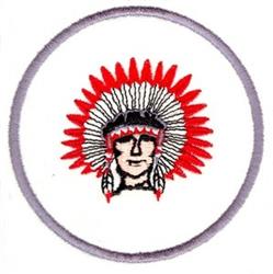 Native American chief in colorful headdress featuring red and white feathers, highlighted facial details, traditional style.