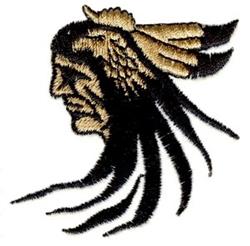 Detailed profile of a Native American chief in black and gold, adorned with vibrant feathers, showcasing rich cultural herita