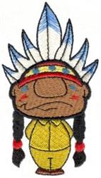 Cartoon Native American figure with a feathered headdress, pigtails, and bright yellow outfit in vibrant colors.