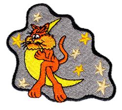 Whimsical scene with an orange cat lounging on a yellow crescent moon amidst gray and yellow stars.