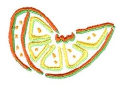 Playful orange slice with bright yellow and green accents, outlined in red, perfect for summer kitchen décor.