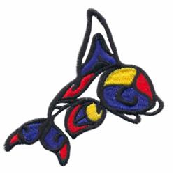 Playful orca whale in vibrant blue, red, and yellow colors, with black outlines, showcased in lively embroidery.