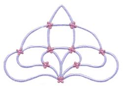 Elegant ornamental quilting design features flowing purple lines with delicate pink accents.
