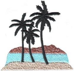 Colorful palm trees silhouetted against a sandy beach with vibrant blue water, evoking a tropical summer scene.