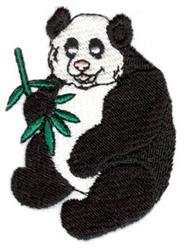 Cute panda applique happily holding bamboo, featuring cheerful expression and detailed stitching.