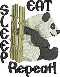 Whimsical panda surrounded by bamboo, with playful expression and bold 'EAT SLEEP Repeat!' text.