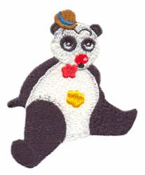 Playful panda with black and white fur, blue hat, red nose, and yellow belly patch in a whimsical design.