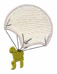 Playful green parachutist silhouette beneath a light parachute, outlined in black, ideal for casual designs.