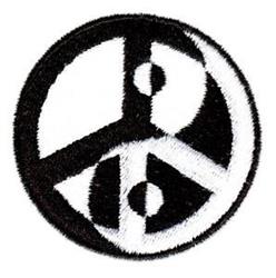 Bold peace symbol in black and white with a circular design, featuring a symmetrical split for a striking, minimalistic look.