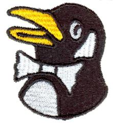 Playful penguin head with black body, white belly, yellow beak, and bow tie in cartoon style.