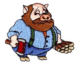 Playful cartoon pig with a beard in a blue shirt, holding an axe and logs, perfect for rustic decor.