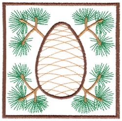 Pine cone spring egg design featuring an earthy brown outline, crisscross pattern, and vibrant green pine branches.