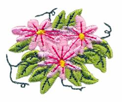 Colorful pink flowers with yellow centers and green leaves in a vibrant spring design, perfect for quilting.