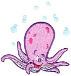 Playful pink octopus with a smiling face, multiple light purple arms, and surrounded by blue bubbles, perfect for kids.
