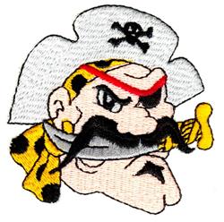 Cartoon pirate character with a skull and crossbones hat, fierce expression, thick mustache, and sword.