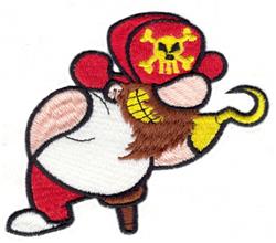 Cheerful cartoon pirate character with a red hat, bushy beard, and hook hand in playful style.