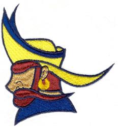 Cartoonish pirate head with a vibrant yellow hat and a striking red beard, fun and playful design.