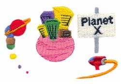 Whimsical planet with rings in blue and orange, colorful buildings, 'Planet X' sign, and a red rocket.