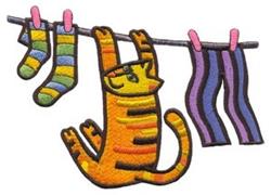 Playful cat clinging to colorful striped socks on a clothesline, with vibrant hues and a whimsical atmosphere.