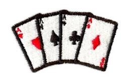 Four cartoon playing cards showcasing red hearts, a black spade, and a club, all outlined in black.