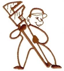 Cartoon plumber with a large wrench on his shoulder, wearing a cap and smiling in a playful, minimalist style.