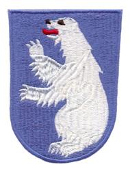 Whimsical polar bear standing on hind legs, raising paws, detailed fur texture on blue background.
