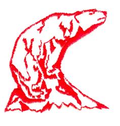 Stylized polar bear in bold red on a rocky base, featuring moderate detail, perfect for modern decor.