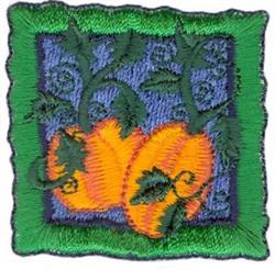 Vibrant pumpkins with intricate green vines and leaves on a textured blue background, perfect for fall decor.