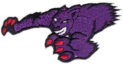 Colorful cartoon purple bear with sharp red claws and a cheerful smile, perfect for kids' apparel.